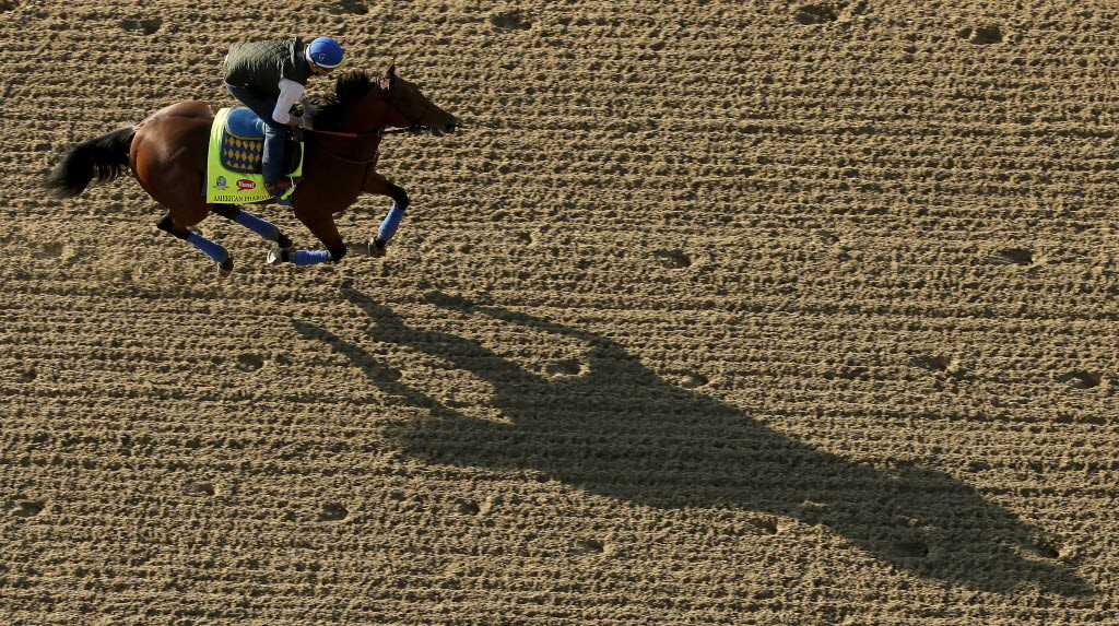 Exercise rider Jorge Alvarez rides Kentucky Derby hopeful American Pharoah during a workout at Churchill Downs Wednesday, April 29, 2015, in Louisville, Ky. (AP Photo/Charlie Riedel)