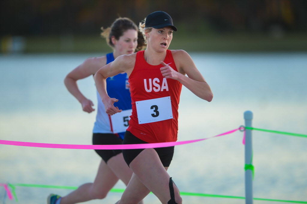 Margaux Isaksen (USA) passes Kate French (GBR) during the Modern Pentathlon World Cup women's final at Nathan Benderson Park on Friday. Isaksen finished second  and French finished third. (Feb. 20, 2015) (Herald-Tribune staff photo by Dan Wagner)
