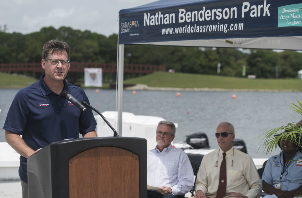 USRowing CEO Glenn Merry announces Sarasota as the the host of the 2016 Olympic Trials in rowing at Nathan Benderson Park on Friday, June 12, 2015.  STAFF PHOTO / NICK ADAMS