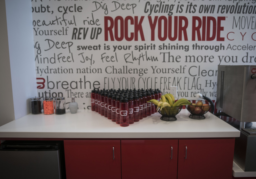CycleBar offers riders towels, water bottles, lockers and shoes.    Photo by Nick Adams