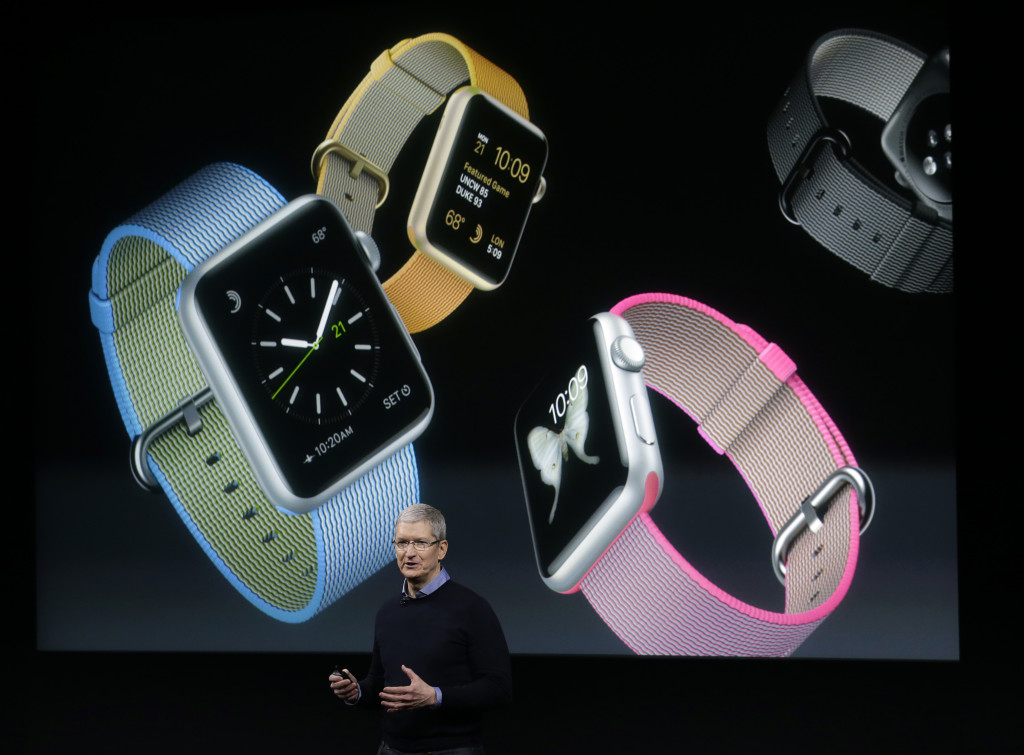 Apple CEO Tim Cook speaks at an event to announce new products and an update to the Apple Watch at Apple headquarters Photo by AP/Marcio Jose Sanchez)