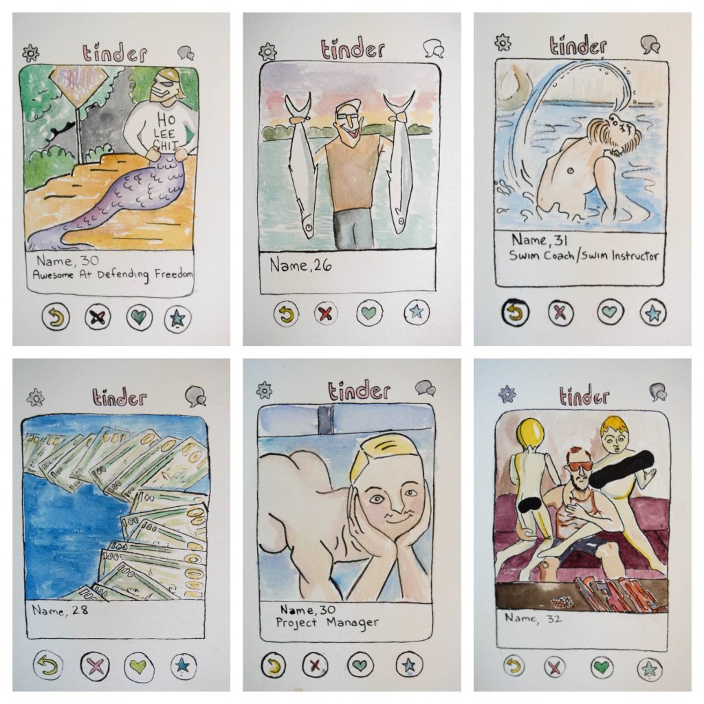 A few of Kelsey Grondahl's favorite drawings of Tinder profile photos. The photo on the bottom row, center, was one of her first drawings and still one of her favorites.    STAFF PHOTO / RACHEL S. O'HARA
