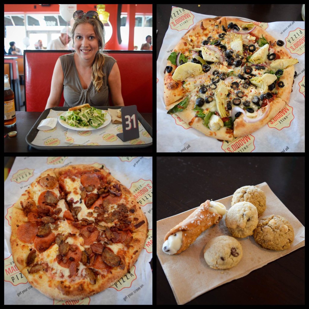 Top left: Maggie with her salad and anxiously awaiting her pizza. Top right: The Greek pizza. Bottom left: Maggie's meat-filled pizza. Bottom right: Delicious dessert in the form of a cannoli and cookies. Photos by Rachel S. O'Hara