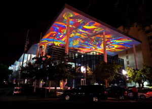 That time projection artist R.O. Schabbach set up his nighttime art used our old building as a canvas. [Photo by Thomas Bender]